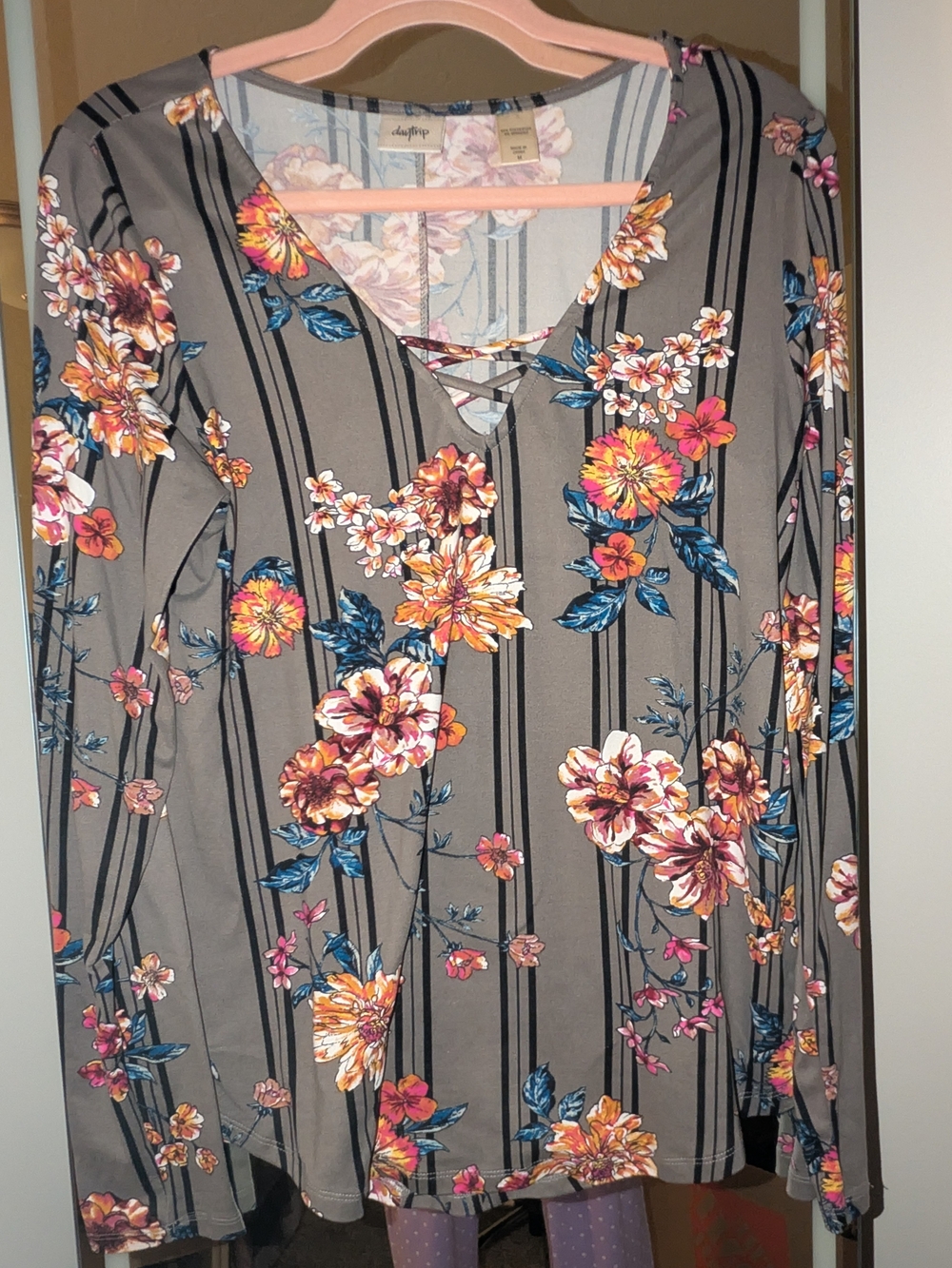 Gray Striped Floral Long-Sleeve V-Neck Dress